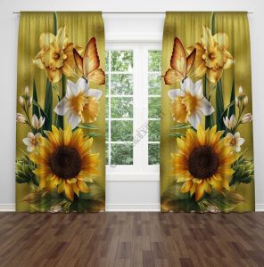Ayçiçek Desenli Dijital Baskılı Fon Perde Çift Kanat 280x250 cm