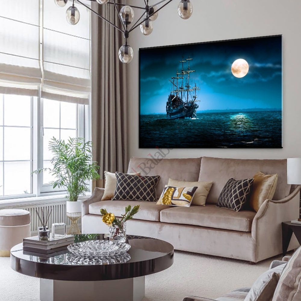 Dolunay ve Yelkenli Gemi Büyük Boy Canvas Tablo 100*150 CM