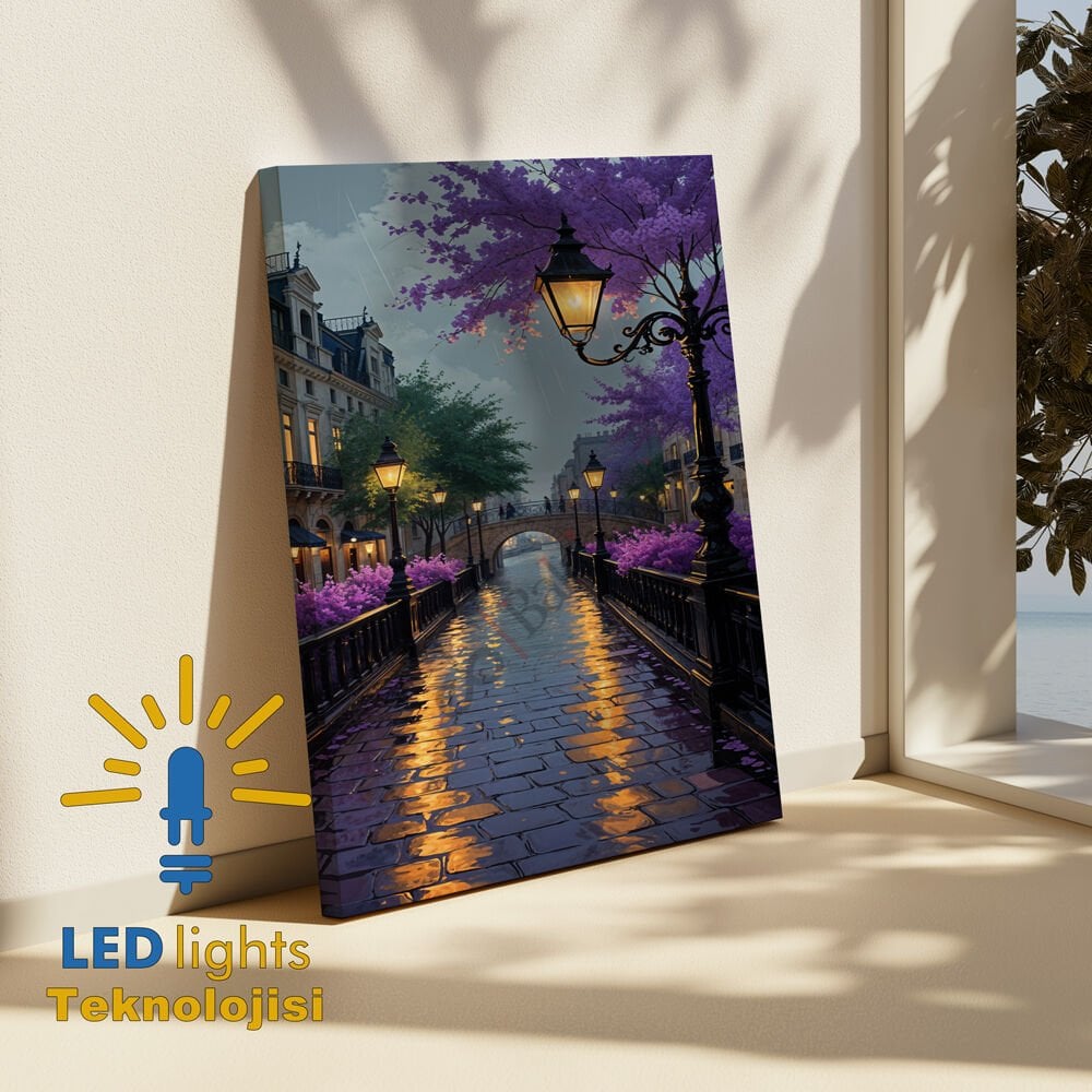 Mor Ağaçlar ve Şehir Işıklı Canvas Tablo