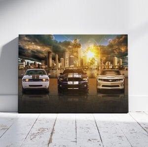 model arabalar led ışıklı kanvas tablo