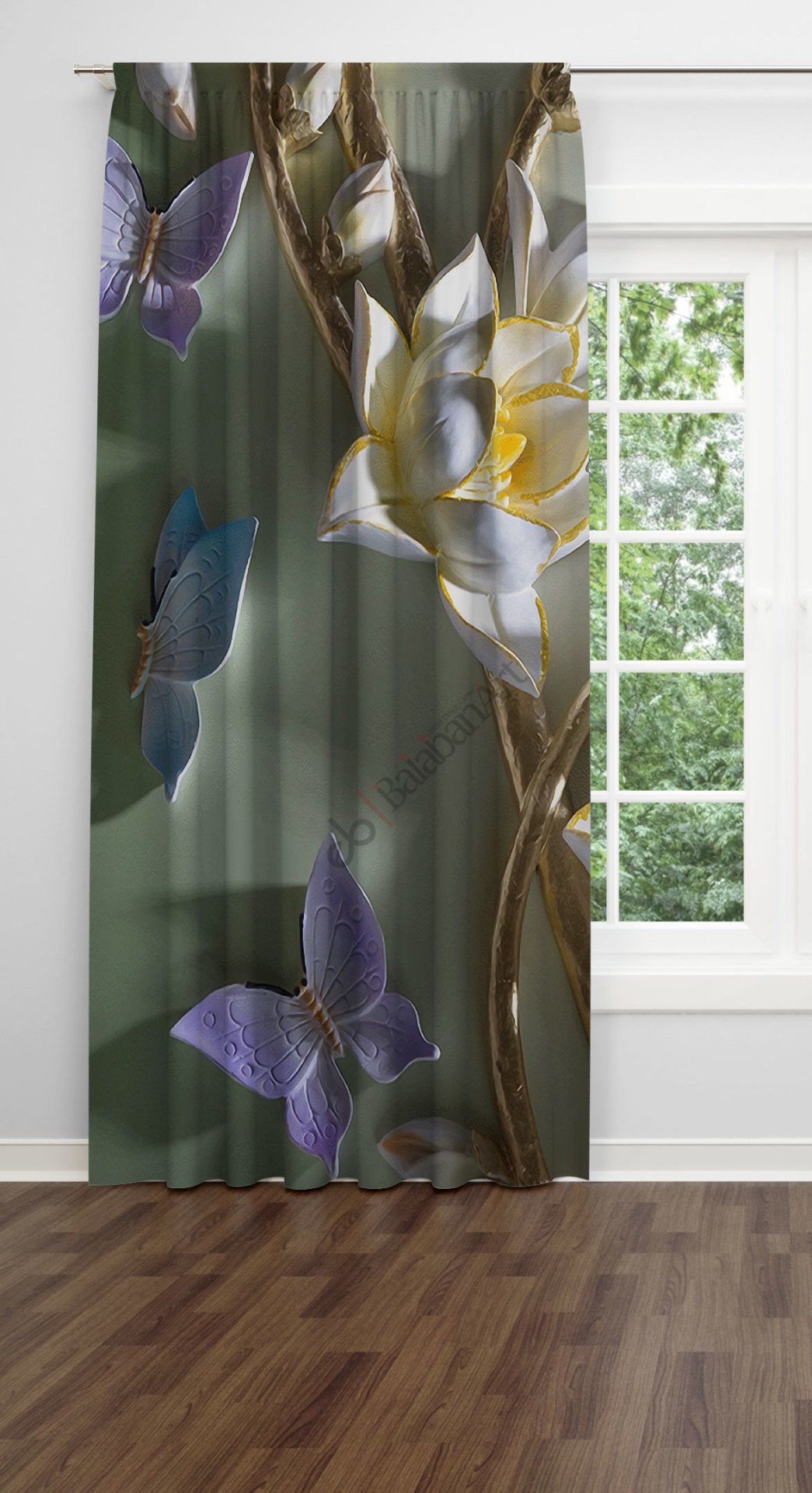 Mor Kelebekler ve Orkide Fon Perde Tek Kanat 140x260 cm