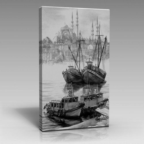 Siyah Beyaz Haliç Yelkenliler kanvas Tablo