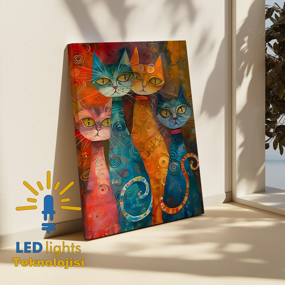 Kedi Ailesi Yağlıboya Led Işıklı Kanvas Tablo