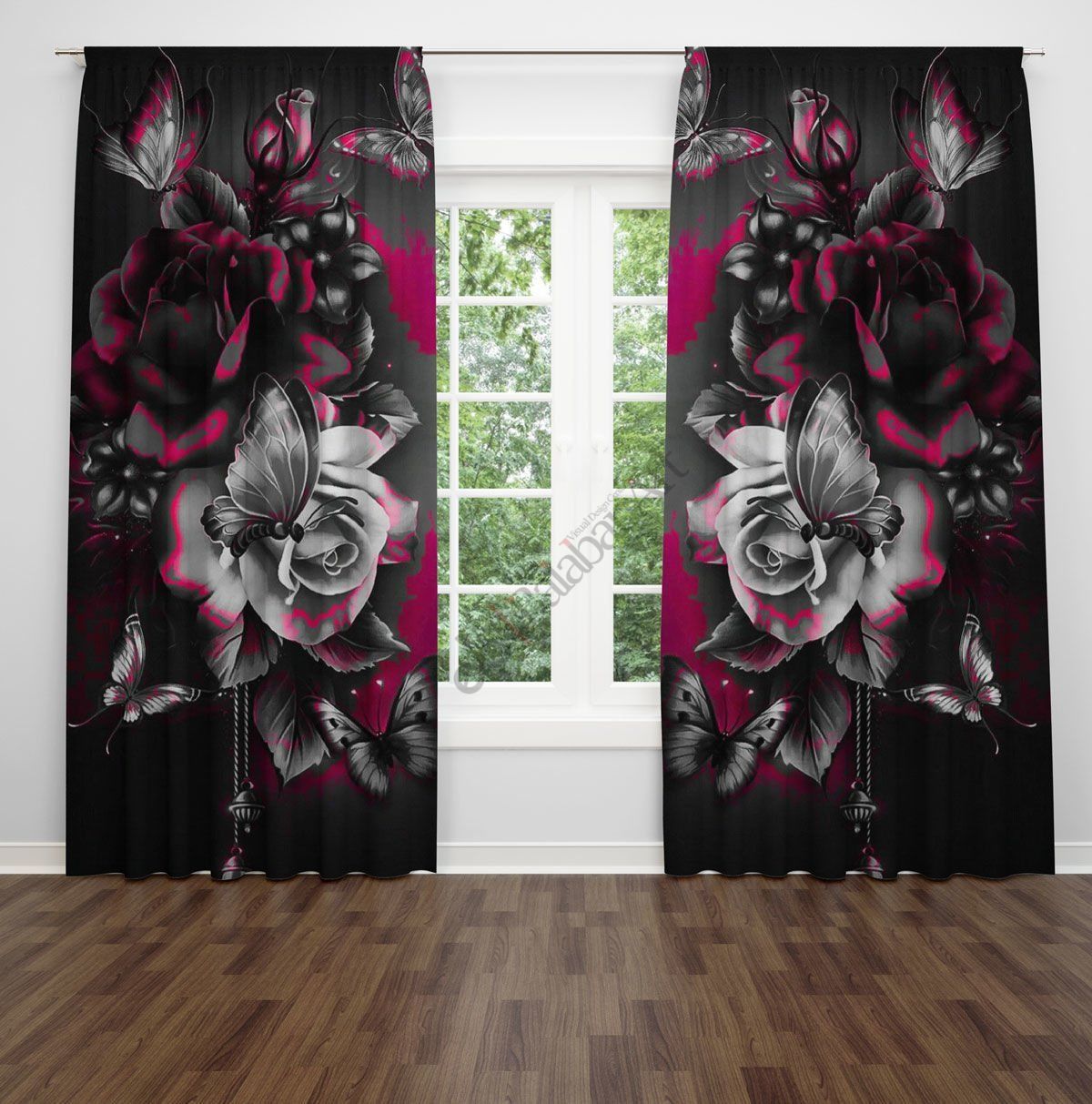Kelebekler ve Güller Dijital Baskılı Fon Perde Çift Kanat 280x260 cm