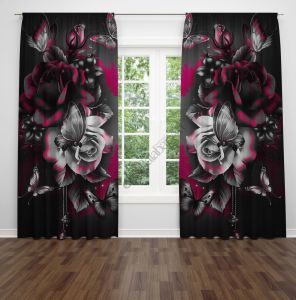 Kelebekler ve Güller Dijital Baskılı Fon Perde Çift Kanat 280x260 cm