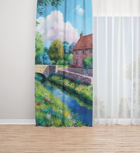 Yağlıboya Ev Desenli Dijital Baskılı Fon Perde Tek Kanat 140x250 cm