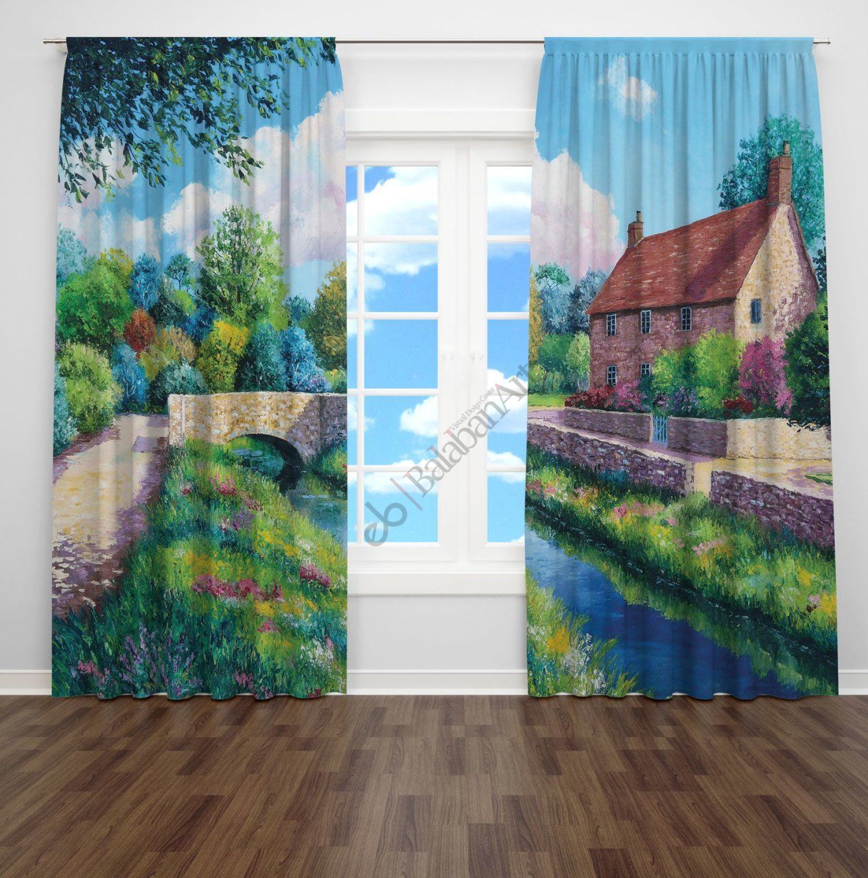 Yağlıboya Ev Desenli Dijital Baskılı Fon Perde Çift Kanat 280x270 cm