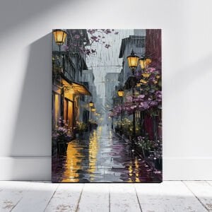 Mor Ağaçlar ve Şehir Işıklı Kanvas Tablo