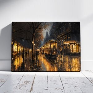 Yağmurlu Gecede Tranvay Işıklı Kanvas Tablo