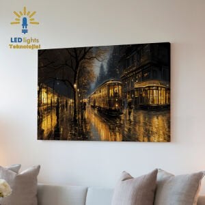 Yağmurlu Gecede Tranvay Işıklı Kanvas Tablo