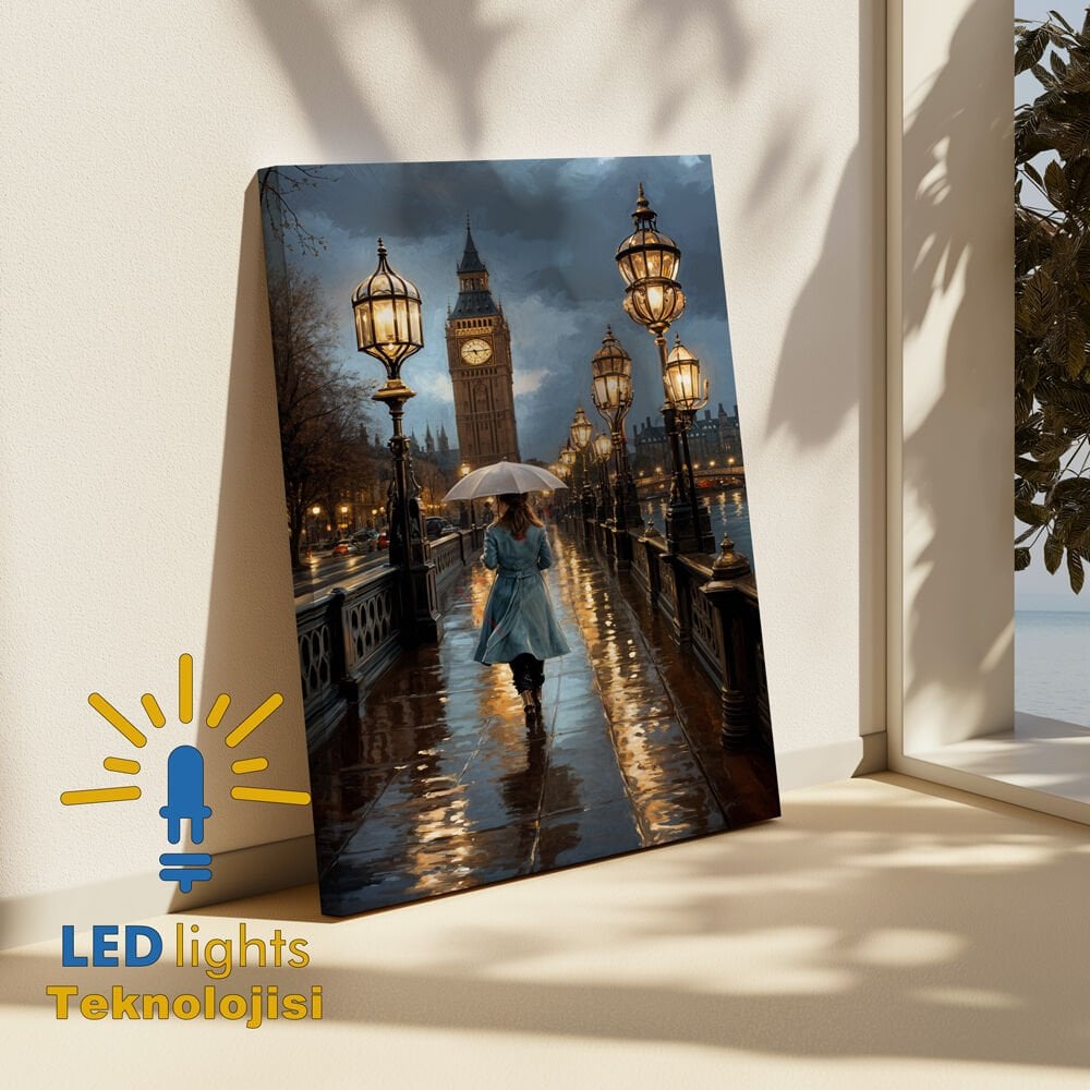 şemsiyeli kadın ve yoldaki kadın led ışıklı kanvas tablo