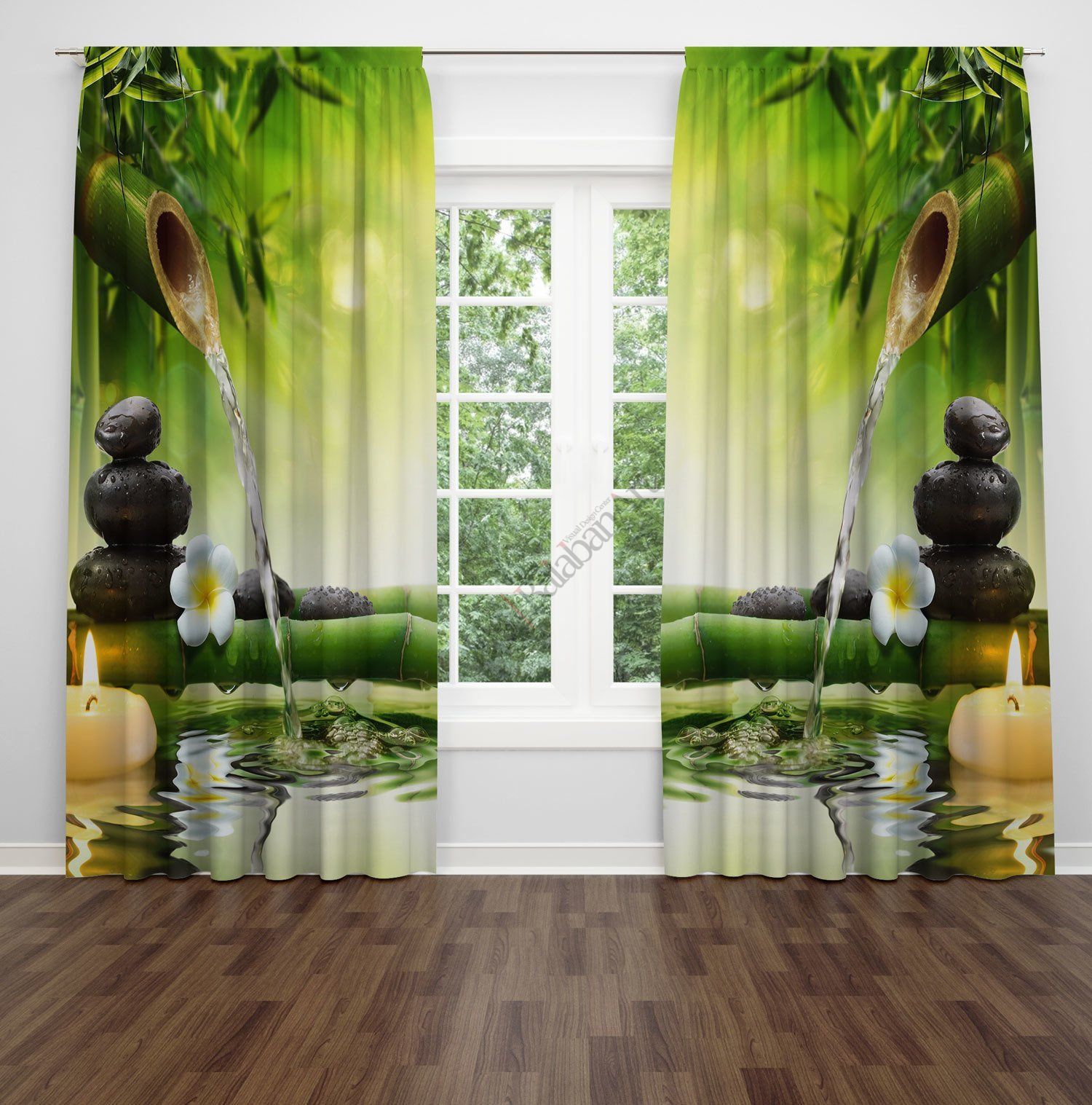 Bambu Ağacı ve Akan Su Fon Perde Çift Kanat 280x270 cm