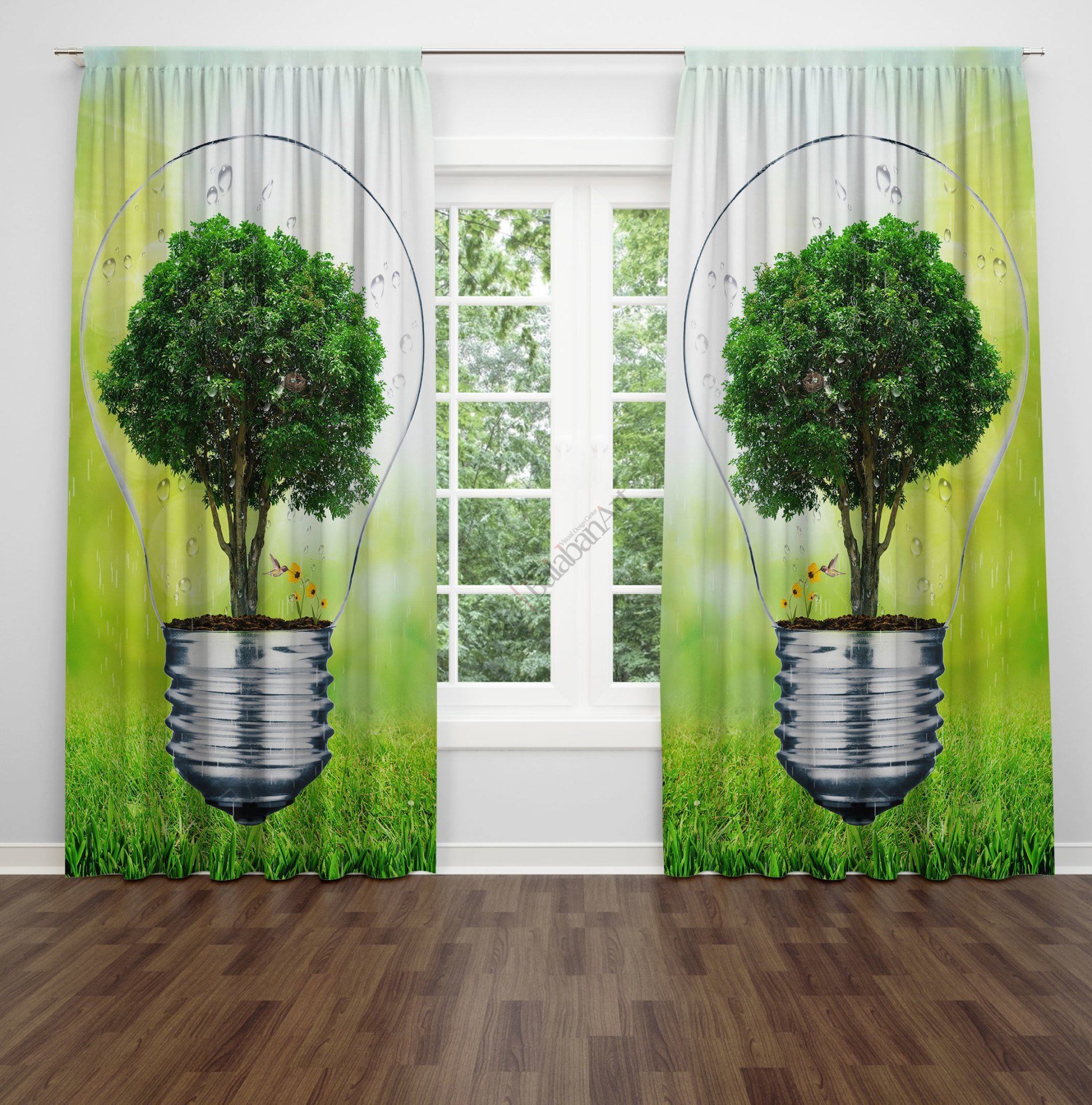 Ampul İçinde Ağaç Fon Perde Çift Kanat 280x270 cm
