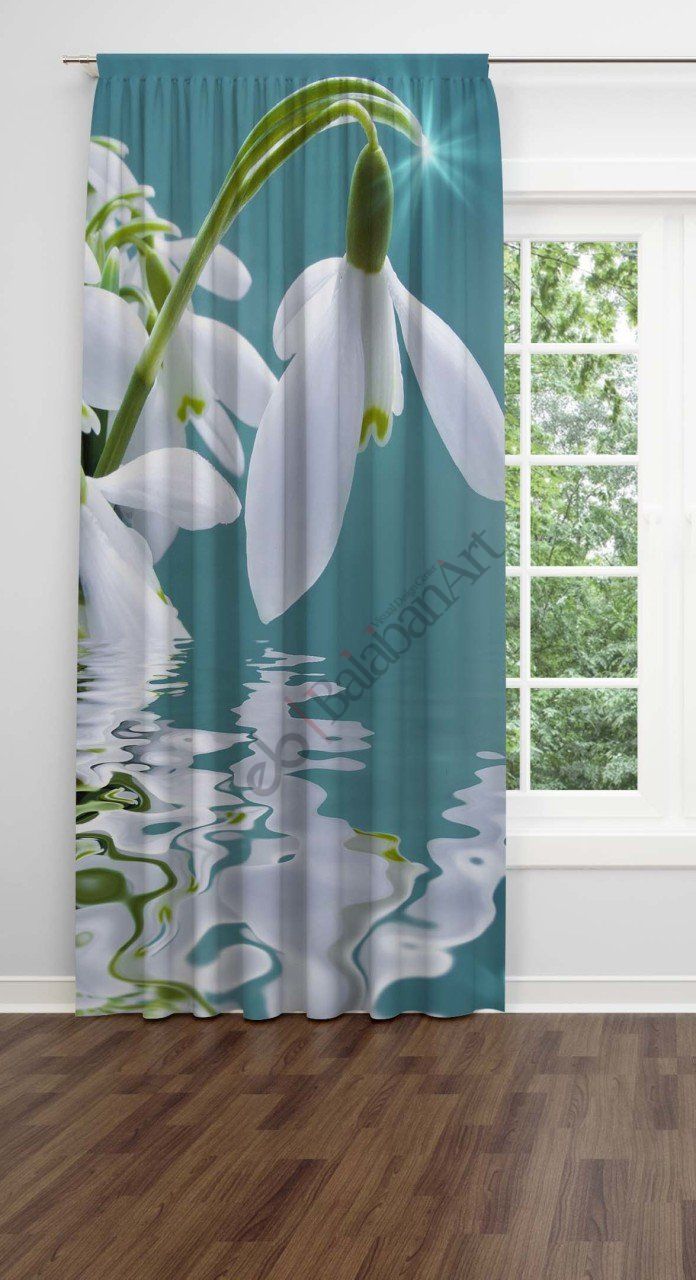 Beyaz Çiçekli  Dijital Baskılı Fon Perde Tek Kanat 140x250 cm