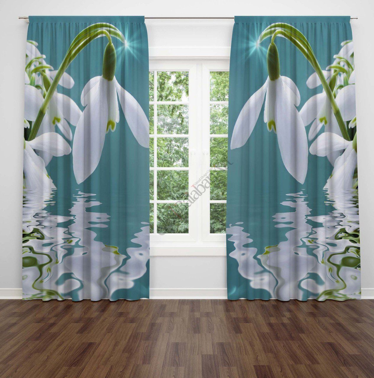 Beyaz Çiçekli  Dijital Baskılı Fon Perde Çift Kanat 280x280 cm