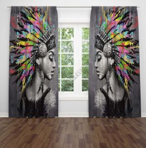 Kızılderili Bayan   Dijital Baskılı Fon Perde Çift Kanat 280x260 cm