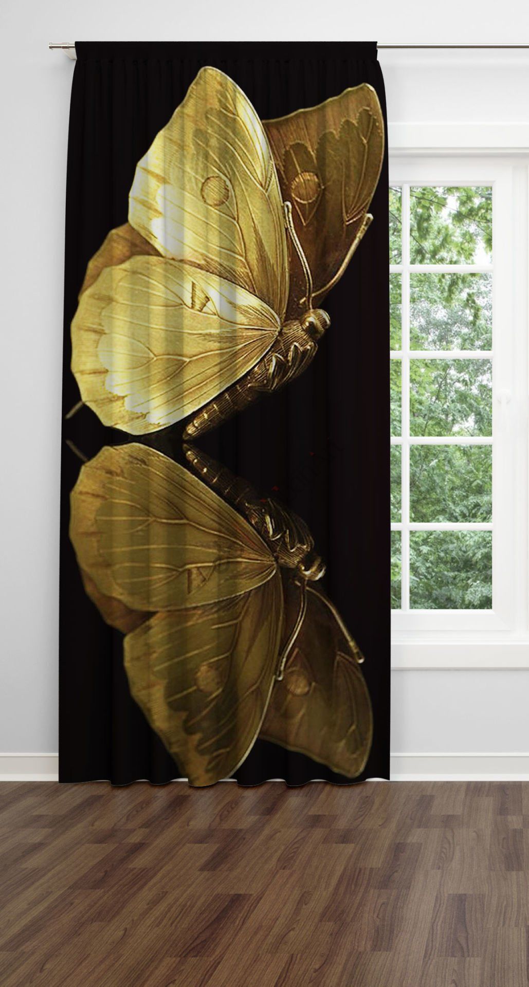 Gold Kelebek Desenli Dijital Baskılı Fon Perde Tek Kanat 140x240 cm
