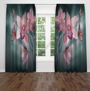 Kelebekli   Dijital Baskılı Fon Perde Çift Kanat 280x240 cm