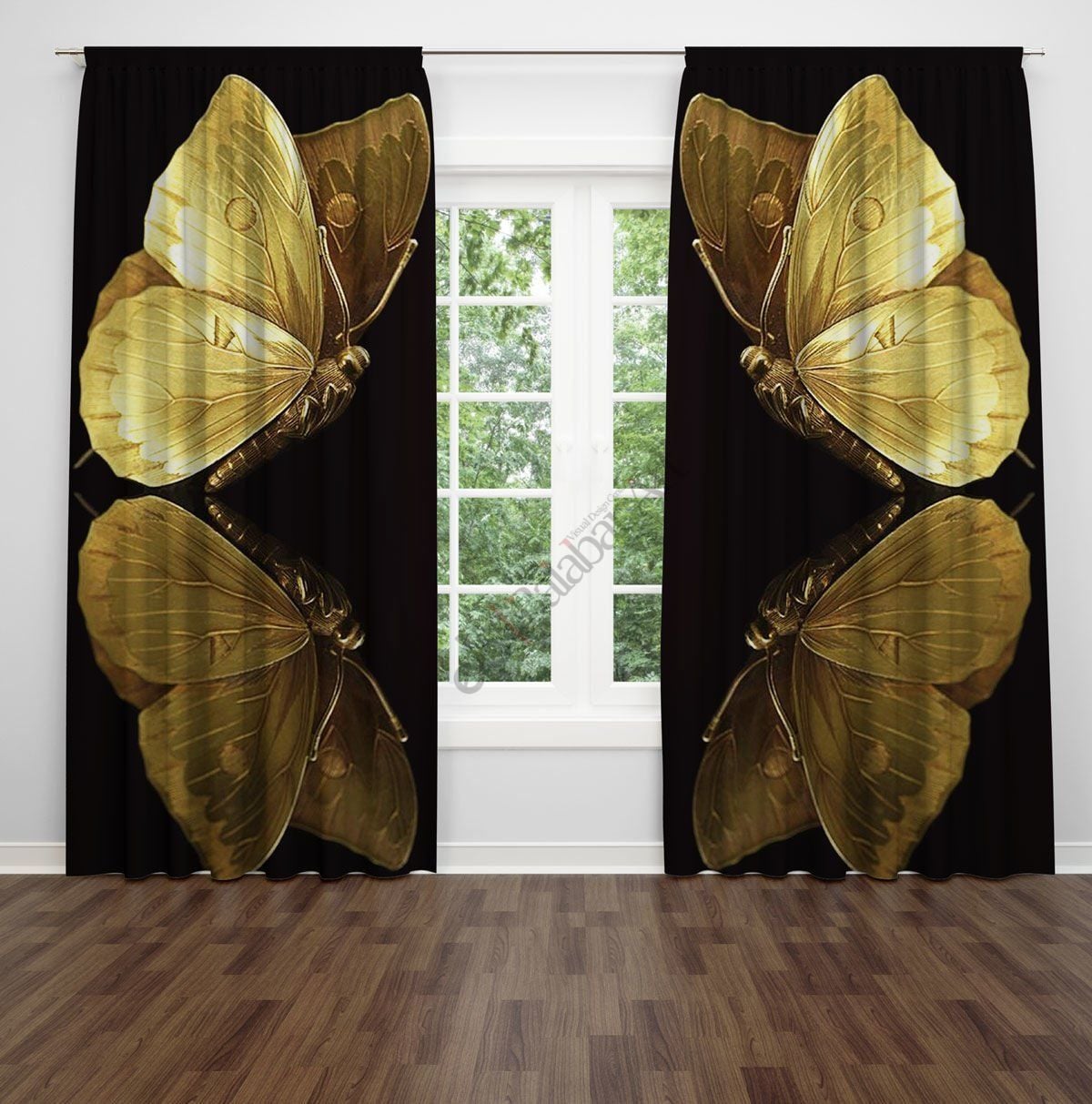 Gold Kelebek Desenli Dijital Baskılı Fon Perde Çift Kanat 280x260 cm
