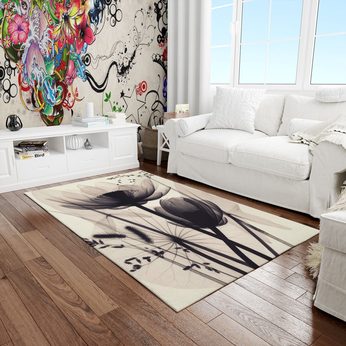 Siyah Beyaz Gelincik Desenli Dijital Baskılı Dekor Halı 100 x 140