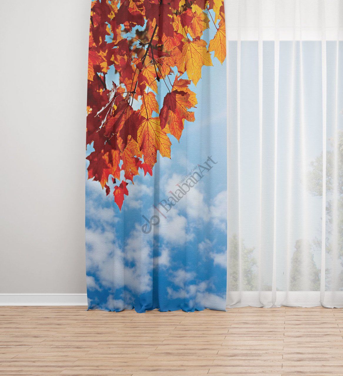 Sonbahar Yaprak Dijital Baskılı Fon Perde Tek Kanat 140x280 cm