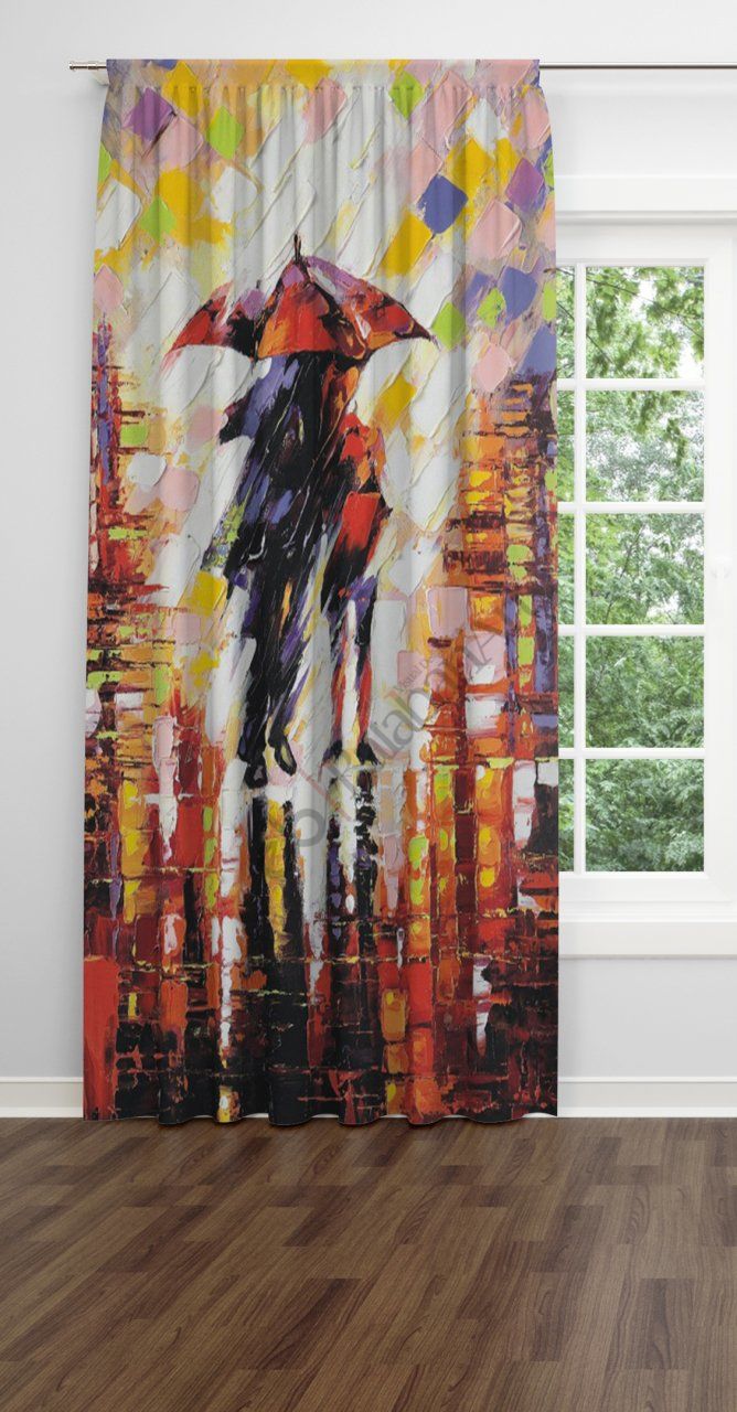 Yağlı Boya Şemsiyeli Çift  Dijital Baskılı Fon Perde Tek Kanat 140x270 cm