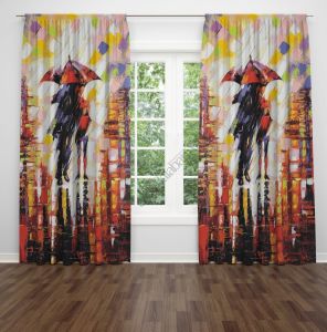 Yağlı Boya Şemsiyeli Çift  Dijital Baskılı Fon Perde Çift Kanat 280x240 cm