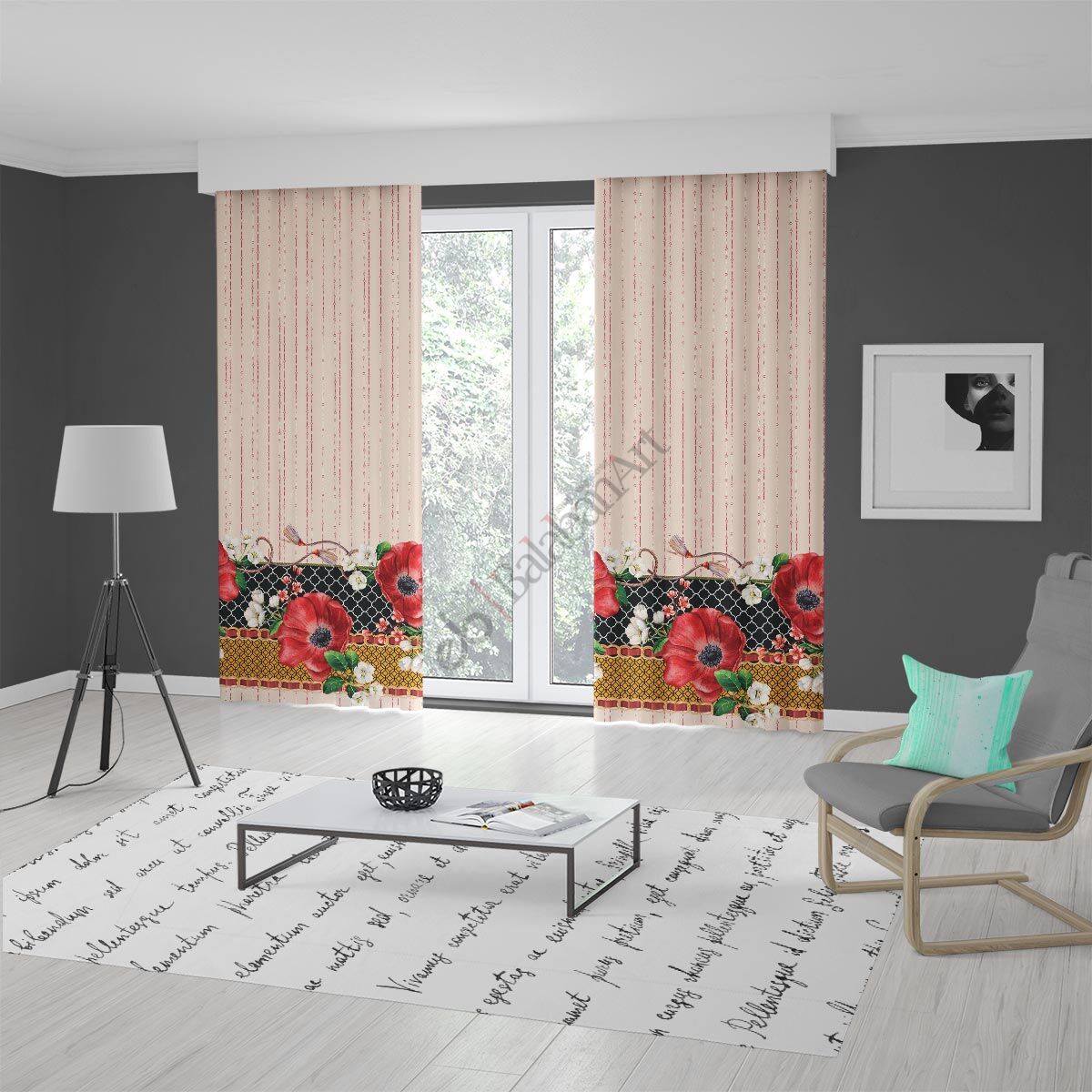 Kırmızı Gelincik Çiçekler Dijital Baskılı Fon Perde