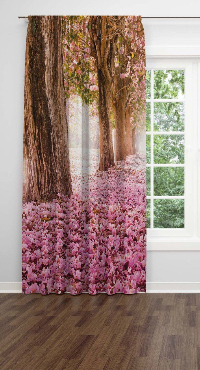 Pembe Çiçekli Yol  Dijital Baskılı Fon Perde Tek Kanat 140x280 cm