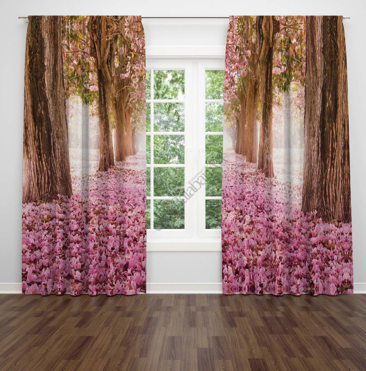 Pembe Çiçekli Yol  Dijital Baskılı Fon Perde Çift Kanat 280x270 cm