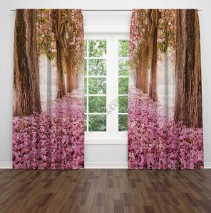 Pembe Çiçekli Yol  Dijital Baskılı Fon Perde Çift Kanat 280x270 cm