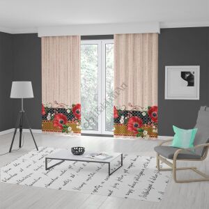 Kırmızı Gelincik Çiçekler Dijital Baskılı Fon Perde Çift Kanat 280x240 cm