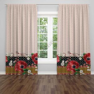 Kırmızı Gelincik Çiçekler Dijital Baskılı Fon Perde Çift Kanat 280x250 cm