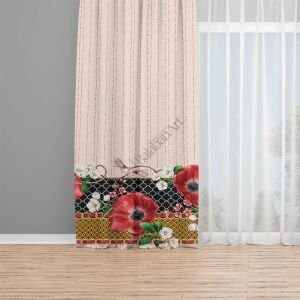 Kırmızı Gelincik Çiçekler Dijital Baskılı Fon Perde Çift Kanat 280x280 cm