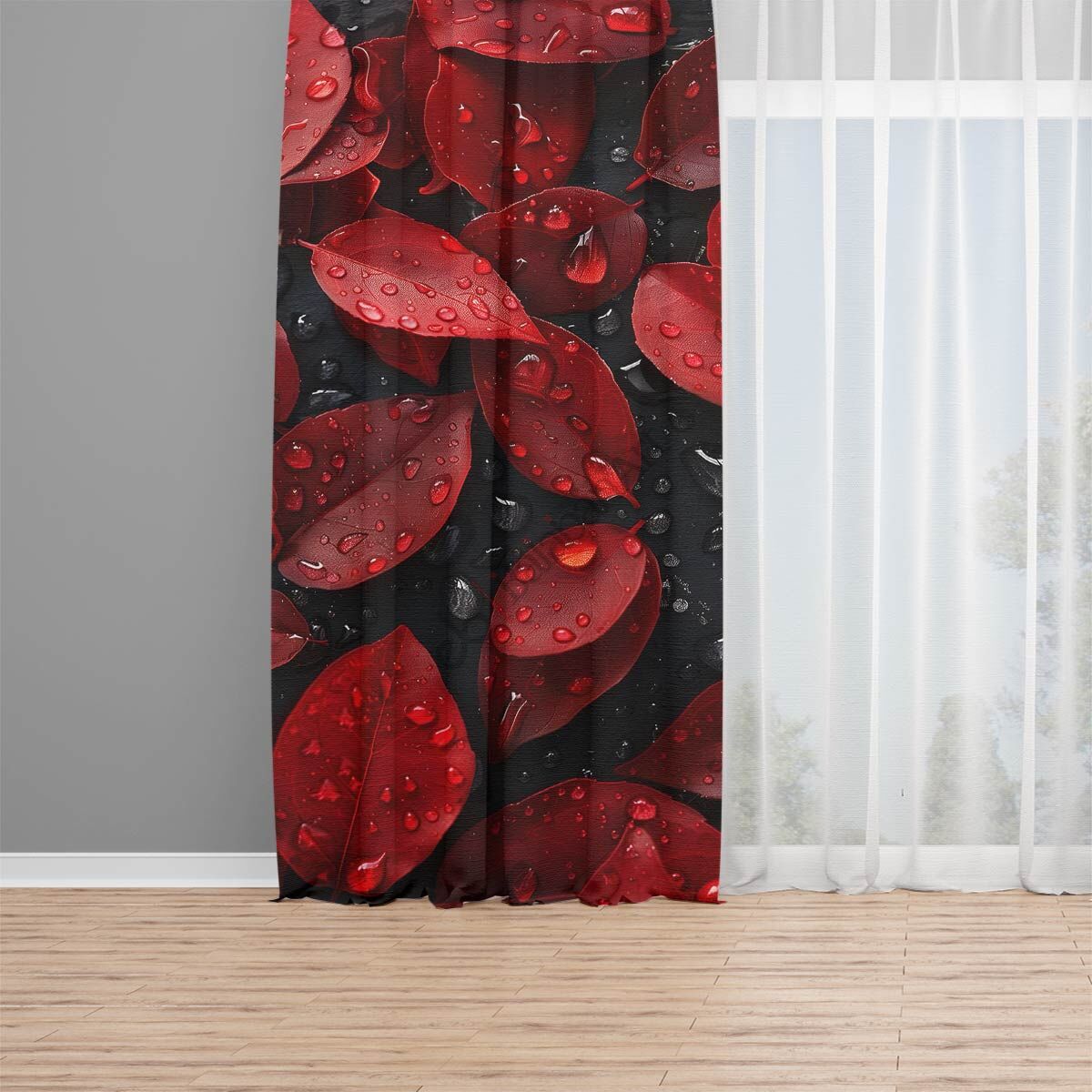 Kırmızı Yaprak Su Damlacıkları Digital curtain 3d print Tek Kanat 140x240 cm