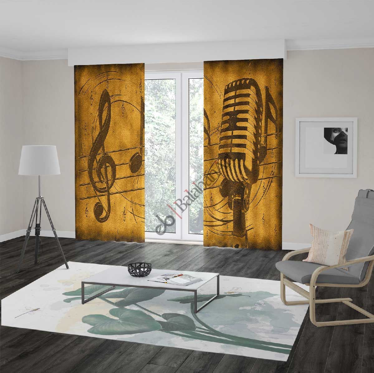 Music Mikrafon ve Nota Dijital Baskılı Fon Perde Çift Kanat 280x240 cm