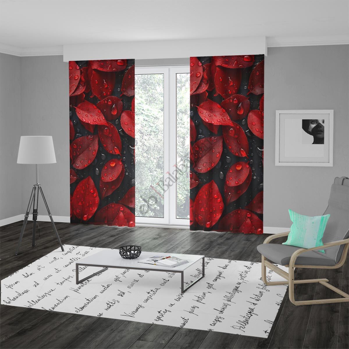 Kırmızı Yaprak Su Damlacıkları Digital curtain 3d print Çift Kanat 280x260 cm