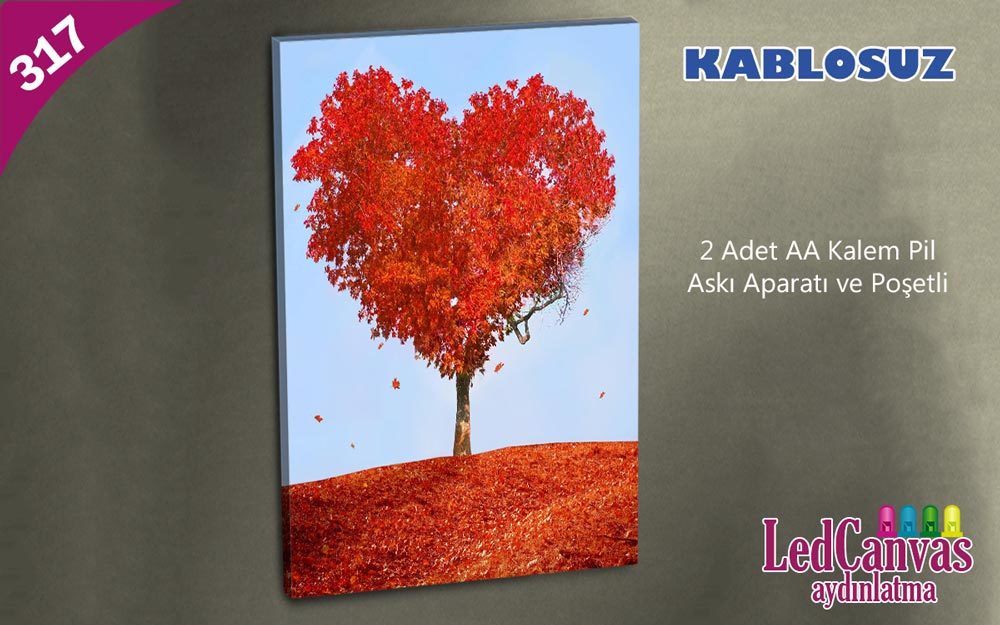 Kırmızı Kalp Ağaç Led Işıklı Tablo