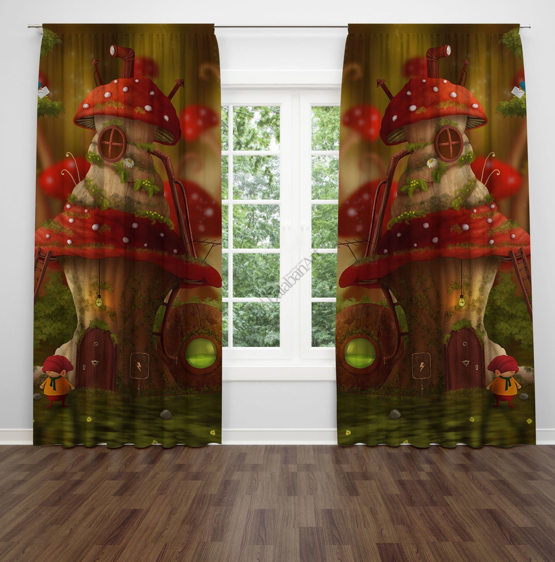 Kırmızı Mantarlı Ev Fon Perde Çift Kanat 280x260 cm
