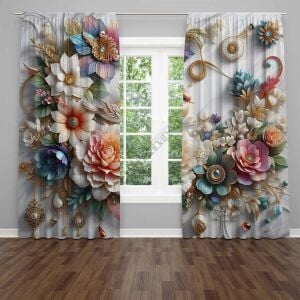 Kuş Çiçek Desenli Dijital Baskılı Fon Perde Tek Kanat