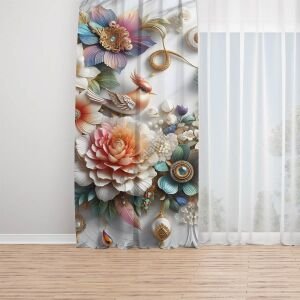 Kuş Çiçek Desenli Dijital Baskılı Fon Perde Tek Kanat Tek Kanat 140x280 cm
