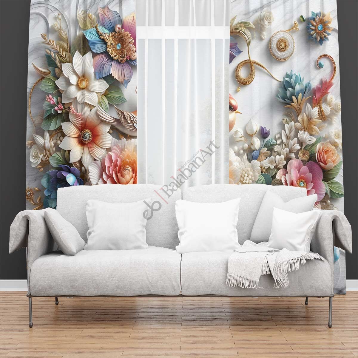 Kuş Çiçek Desenli Dijital Baskılı Fon Perde Tek Kanat Çift Kanat 280x260 cm