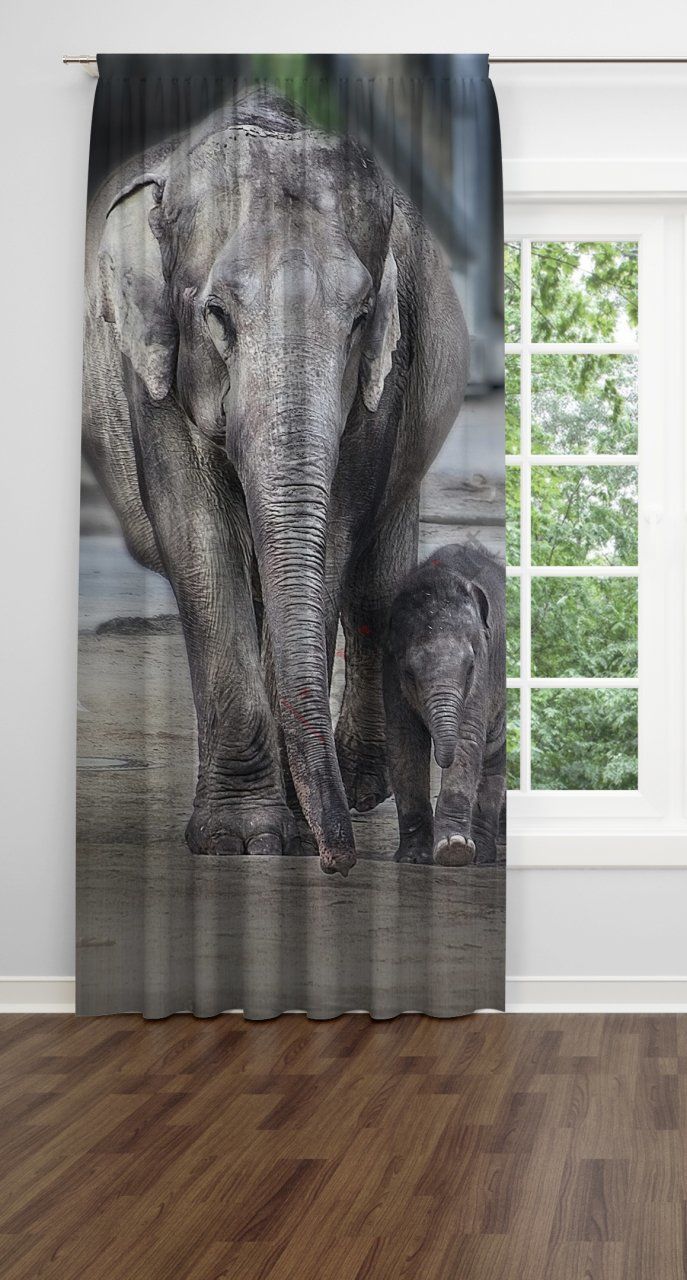 Fil ve Yavrusu Fon Perde Tek Kanat 140x270 cm