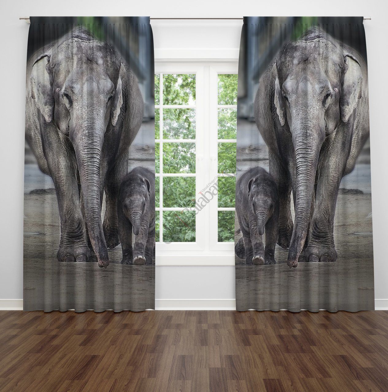 Fil ve Yavrusu Fon Perde Çift Kanat 280x240 cm