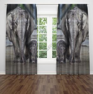Fil ve Yavrusu Fon Perde Çift Kanat 280x240 cm