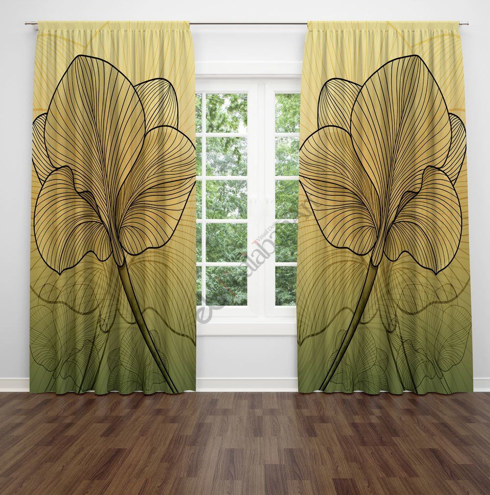 Çizgili Yaprak Dijital Baskılı Fon Perde Çift Kanat 280x240 cm