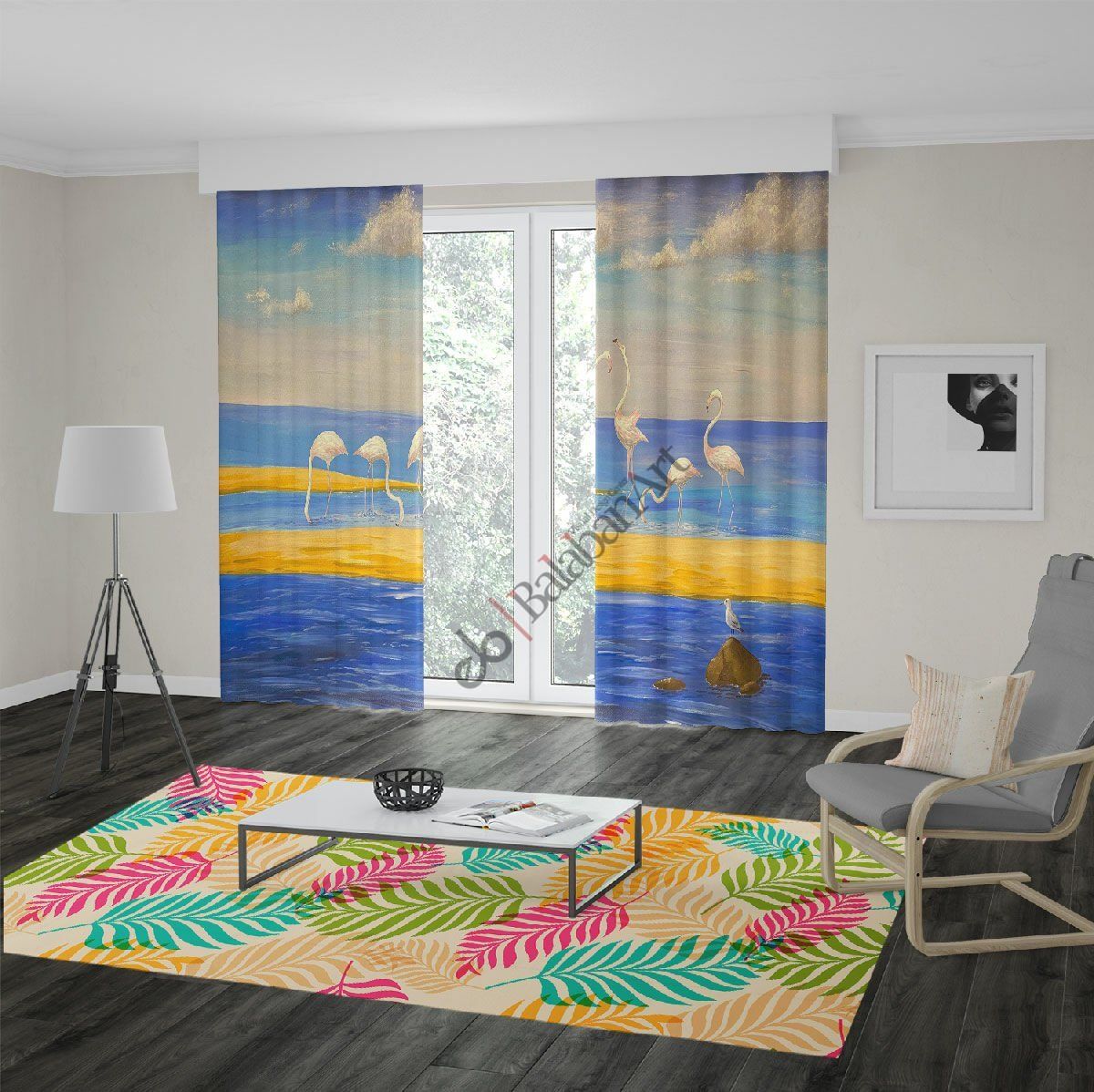 Leylekler ve Deniz Dijital Baskılı Fon Perde Çift Kanat 280x270 cm