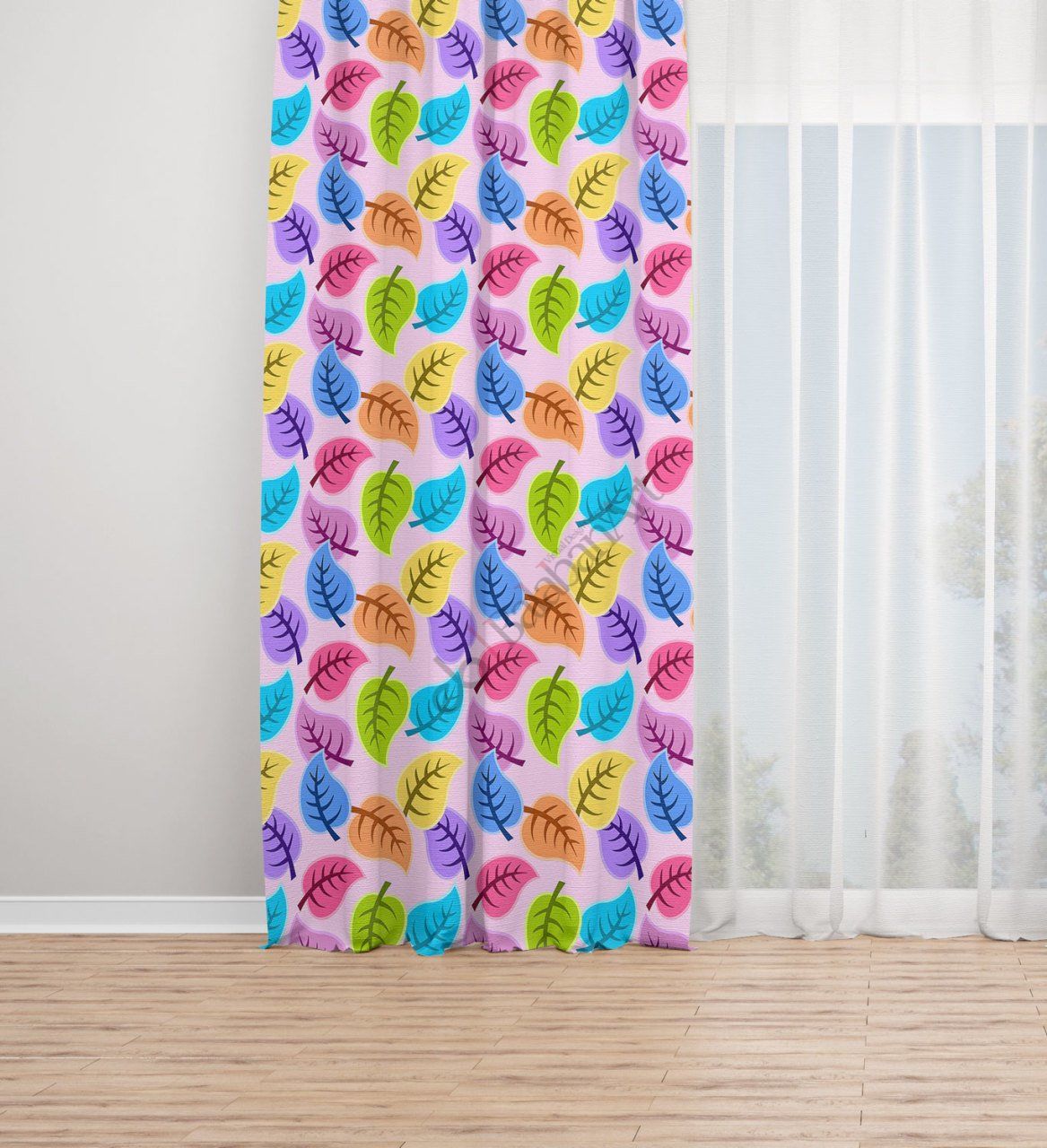 Renkli Yapraklar Dijital Baskılı Fon Perde Tek Kanat 140x240 cm