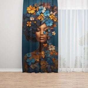Saçları Çiçekli Zenci Kadın Dijital Baskılı Fon Perde