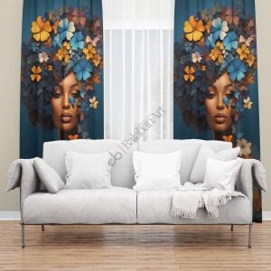 Saçları Çiçekli Zenci Kadın Dijital Baskılı Fon Perde